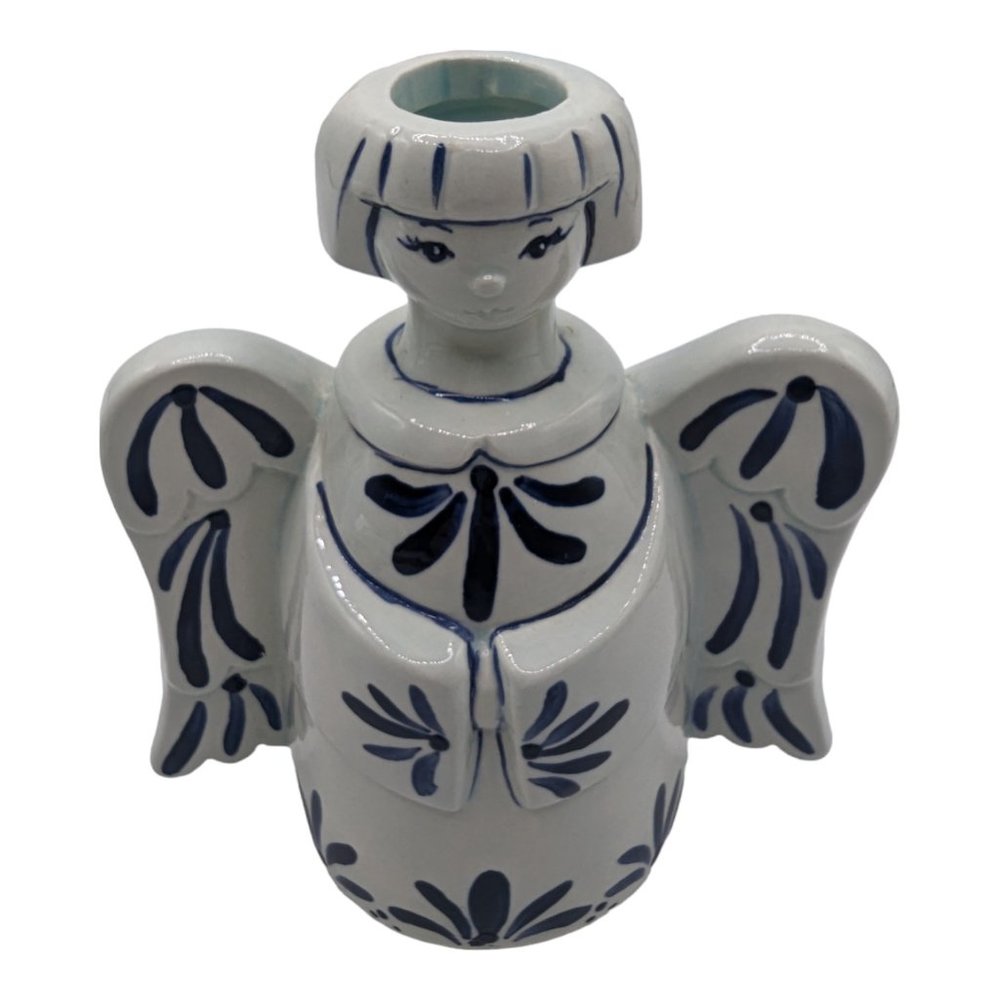 Vintage Blue & White Art Pottery Angel Taper Candle Holder Signed - Picture 2 of 9